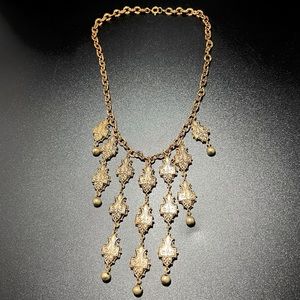 Vintage Etruscan Revival Fringe Collar Necklace Etched Brass with Black Overlay